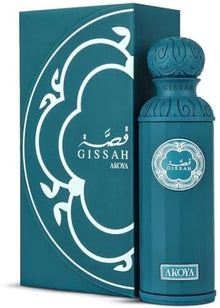 Gissah Akoya Arabian perfume bottle with matching decorative box, teal design