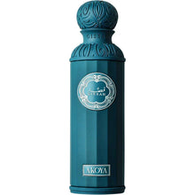 Teal Arabian oud perfume bottle with ornate patterns and Akoya Gissah label