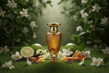 Luxury Arabian oud perfume bottle with limes, vanilla, caramel, and white flowers outdoors