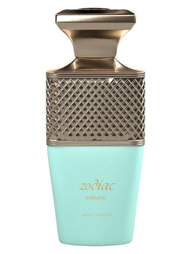 Perfume bottle with gold cap and turquoise body on a white background