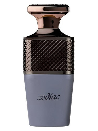 Perfume bottle with textured cap and 'zodiac' branding on a white background