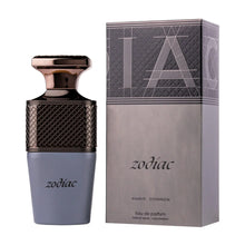 Zodiac eau de parfum bottle and box in grey and metallic tones, luxury Arabian fragrance