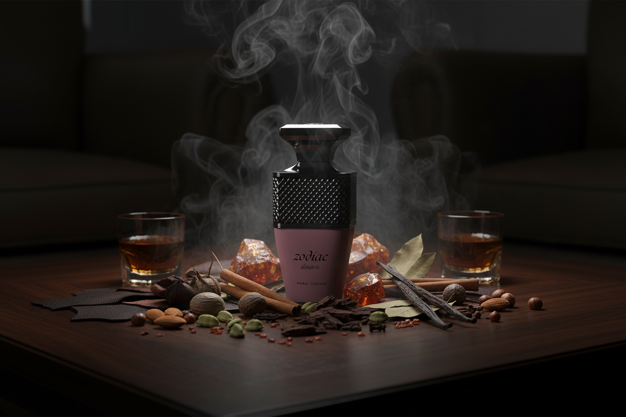 Candle with decorative elements on a dark surface, creating a cozy atmosphere.