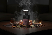 Luxury oud perfume bottle surrounded by spices, amber, smoke, and glasses of whiskey