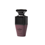 Perfume bottle with black cap and purple body on a white background