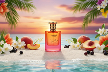 Marina perfume bottle on sand with peaches, blackcurrants, and flowers, set against a tropical sunset by the sea.