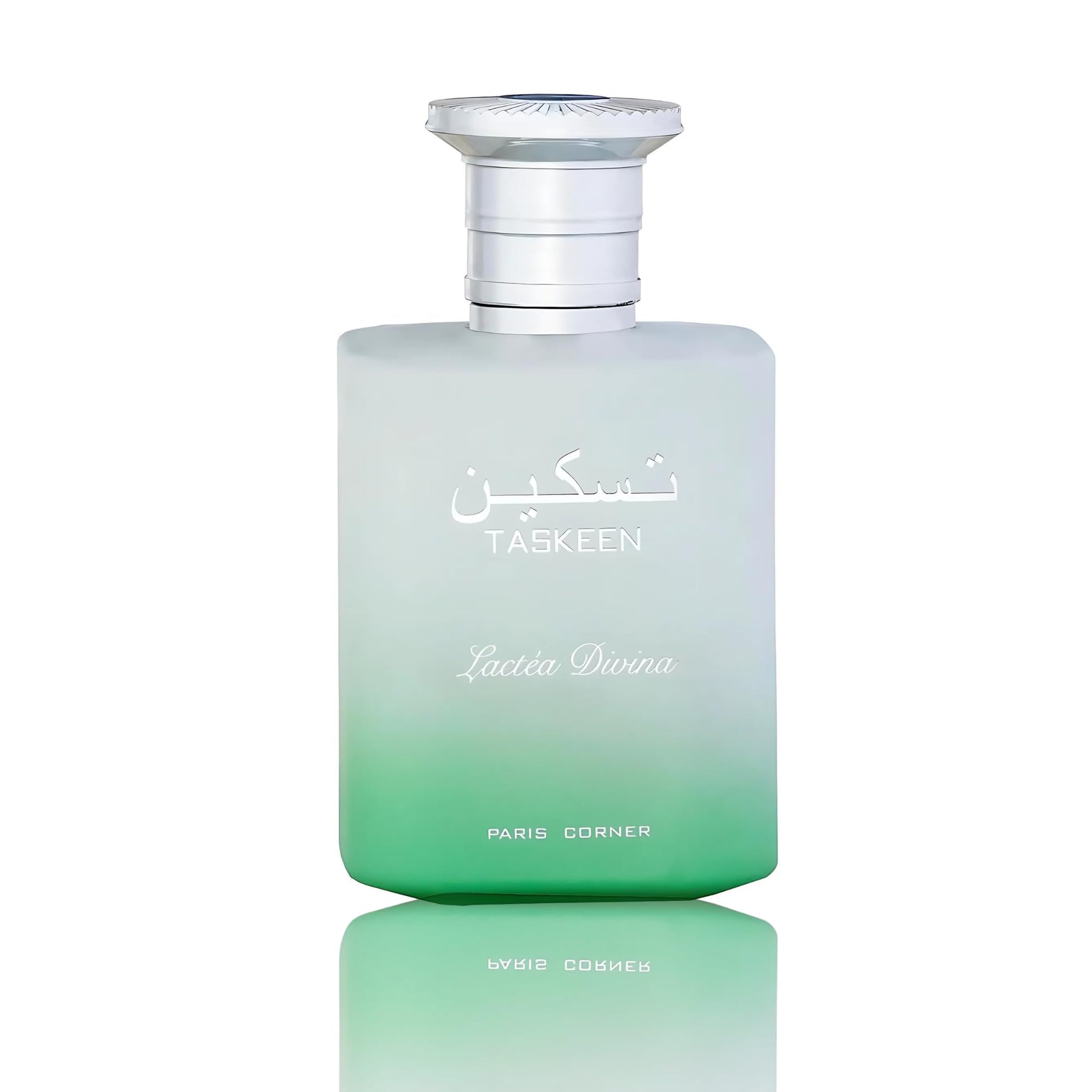Green perfume bottle with 'Taskeen' branding on a white background