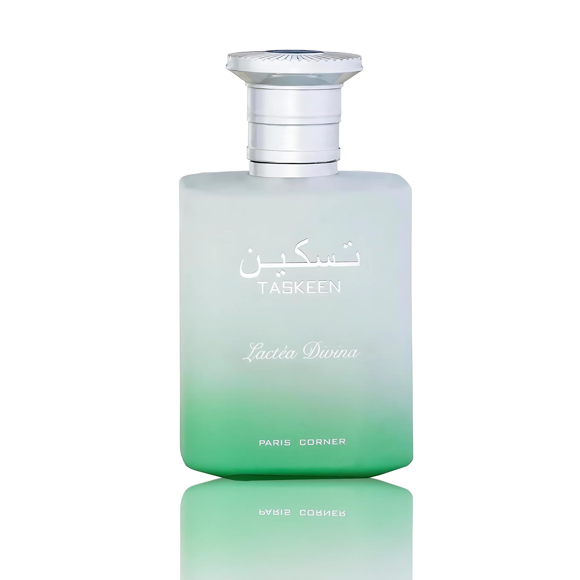 Green perfume bottle with 'Taskeen' branding on a white background