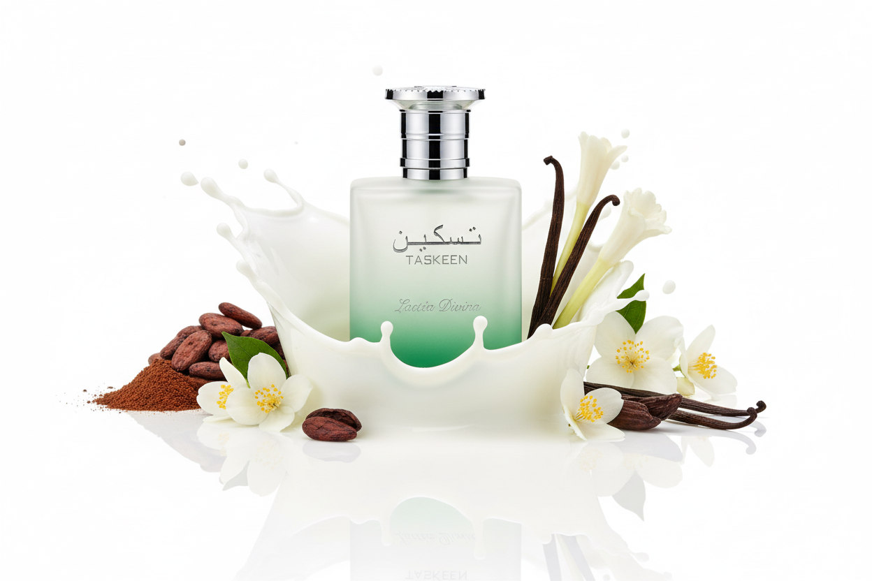 Perfume bottle with vanilla beans, flowers, and milk on a white background