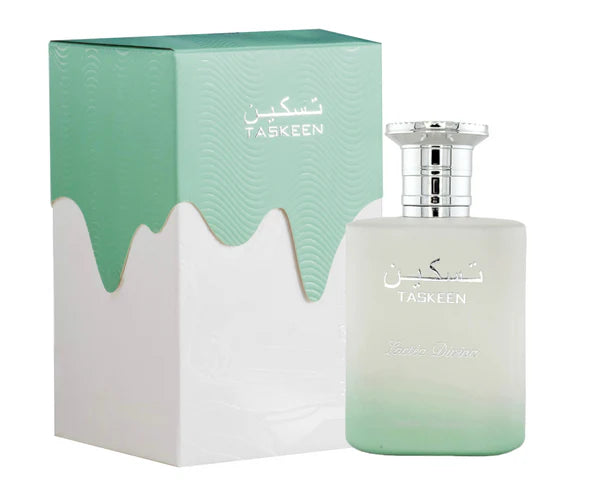 Perfume bottle and packaging with 'Taskeen' branding on a white background