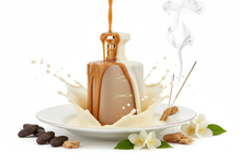 Perfume bottle with caramel and cream splash, incense smoke, vanilla beans, and white flowers.