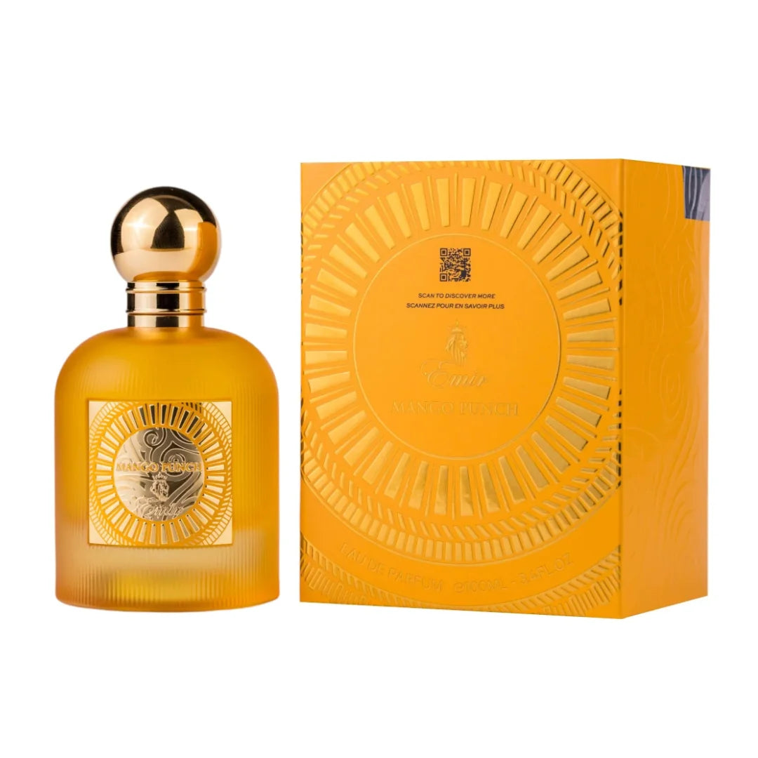 Perfume bottle and packaging with gold accents on a white background