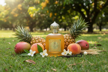 Luxury Arabian perfume bottle with pineapples, peaches, mangoes, vanilla, and white flowers outdoors