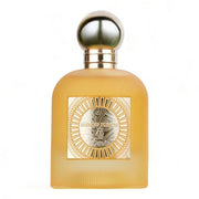 Yellow perfume bottle with a gold cap on a white background