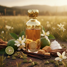 Golden Arabian oud perfume bottle with citrus, cardamom, and vanilla outdoors at sunset