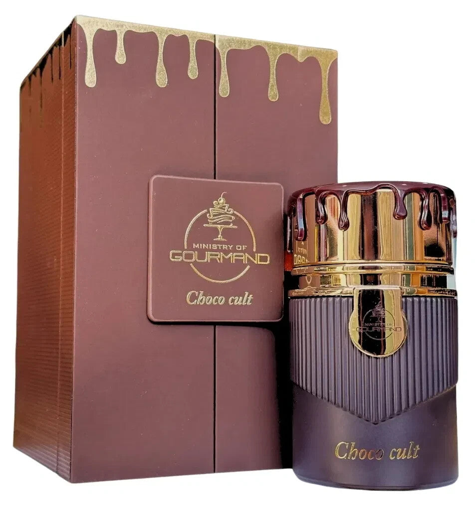 Chocolate-themed perfume bottle and packaging with 'Ministry of Gourmand' branding.