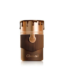 Choco cult Arabian oud perfume bottle with gold and brown drip design on white background