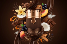 Choco cult perfume bottle surrounded by chocolate, vanilla, coconut, caramel, berries, and peach.