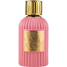Pink ribbed Arabian oud perfume bottle with gold embossed label and gold cap