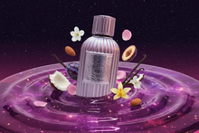 Purple Arabian oud perfume bottle with coconut, plum, vanilla, almond, and flowers in a cosmic swirl.