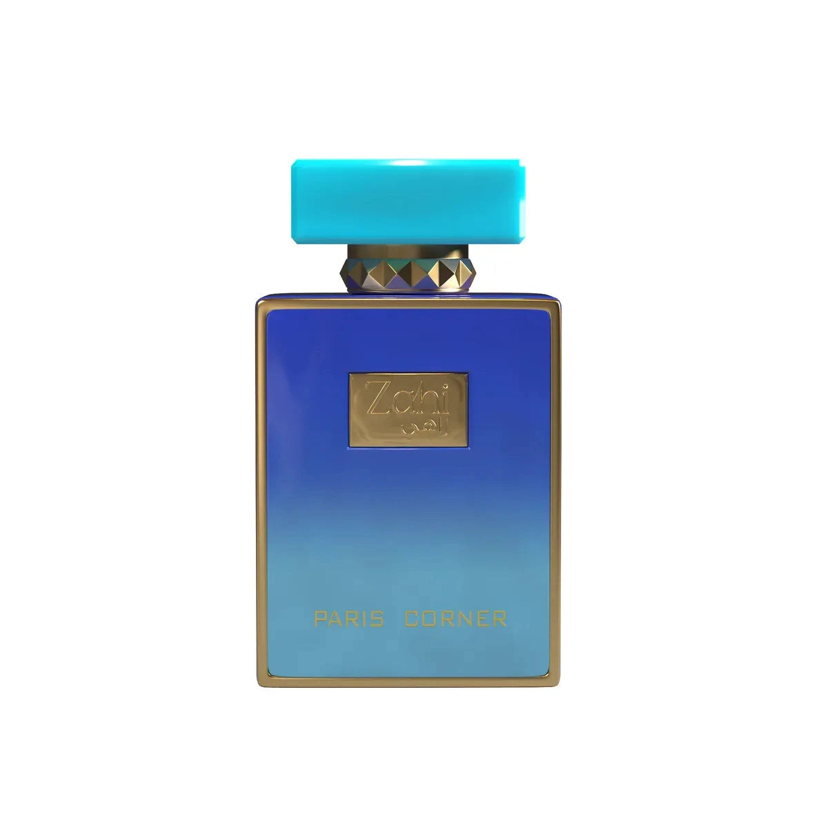 Royal Oud Paris Corner perfume bottle in blue gradient with gold accents on white background