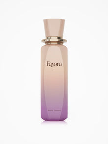 Elegant Fayora perfume bottle with gold cap, pink to purple gradient design, isolated on white background.