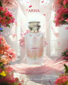 Elegant Arwa perfume bottle with gold cap, pink floral decor, and soft flowing drapes.