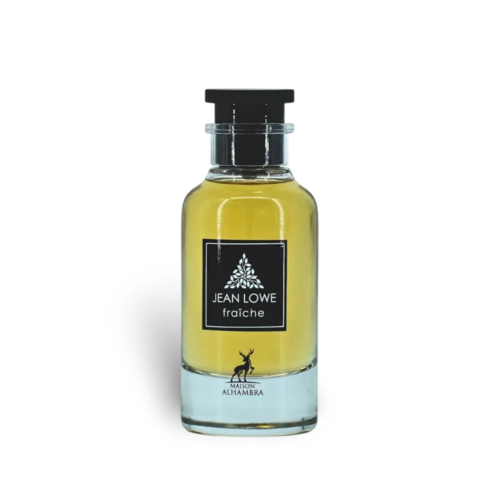 Clear glass bottle of Jean Lowe Fraiche Maison Alhambra eau de parfum with black label