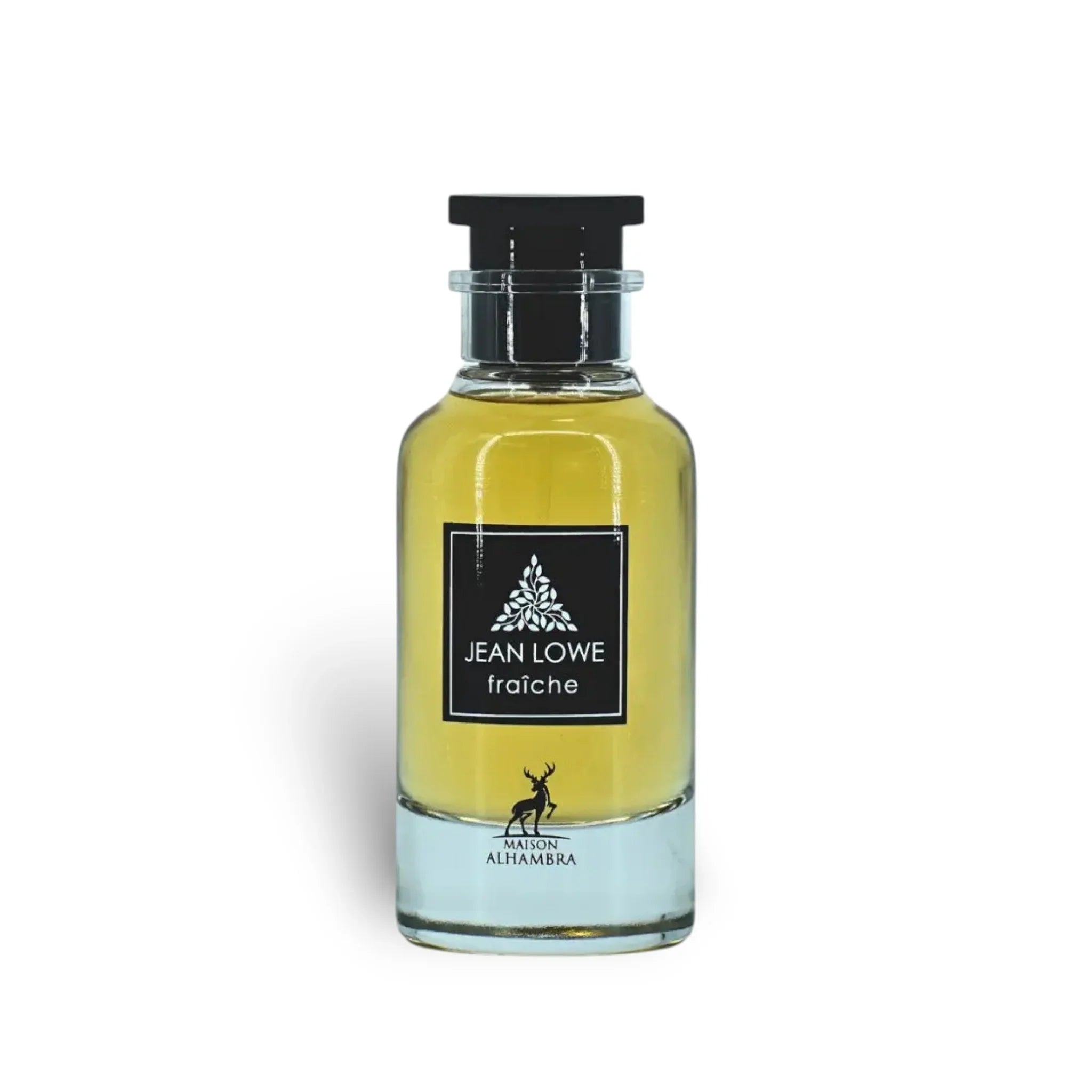 Clear glass bottle of Jean Lowe Fraiche Maison Alhambra eau de parfum with black label