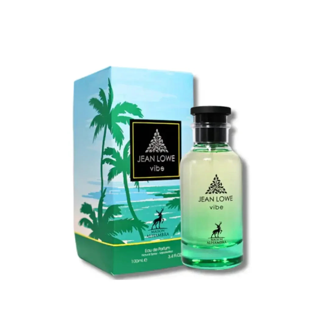 Jean Lowe Vibe perfume bottle and box with tropical palm tree design, Arabian fragrance