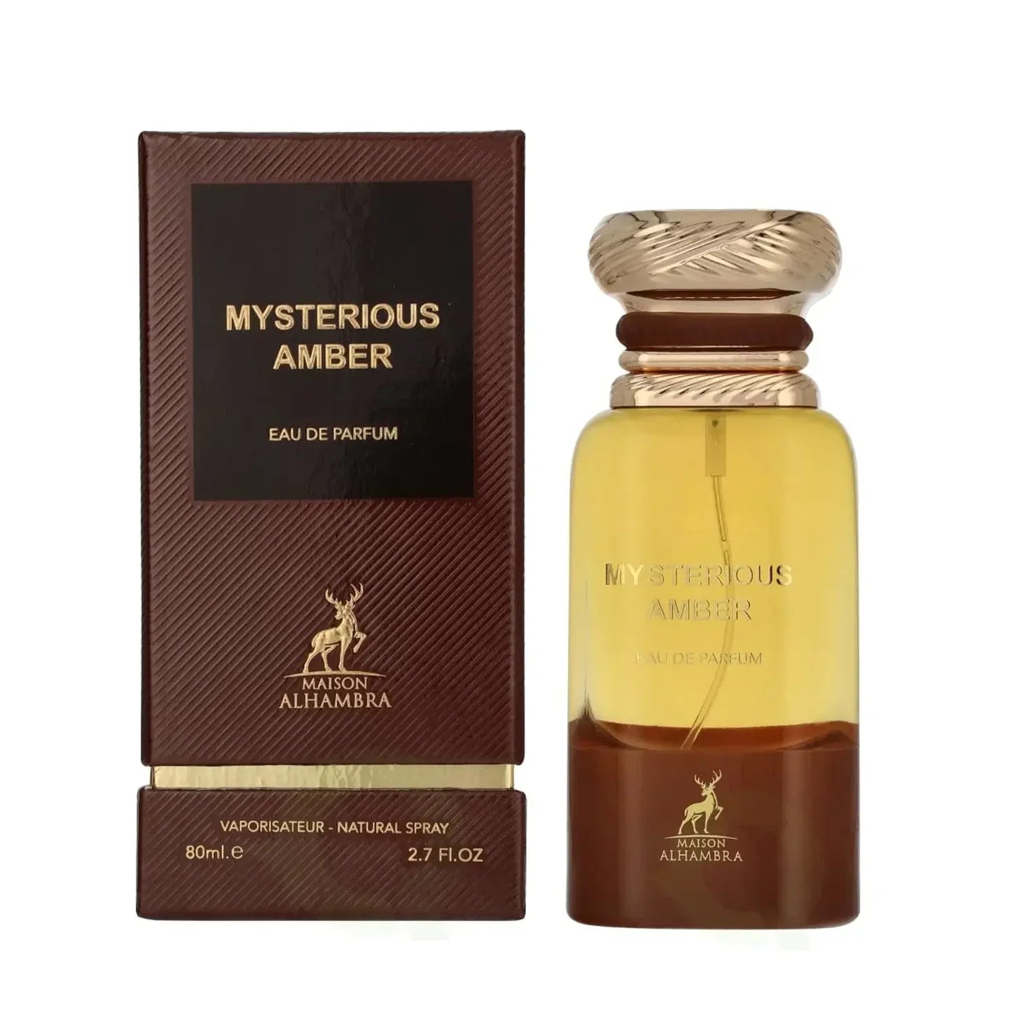 Maison Alhambra Mysterious Amber eau de parfum bottle and box, Arabian oud fragrance, 80ml