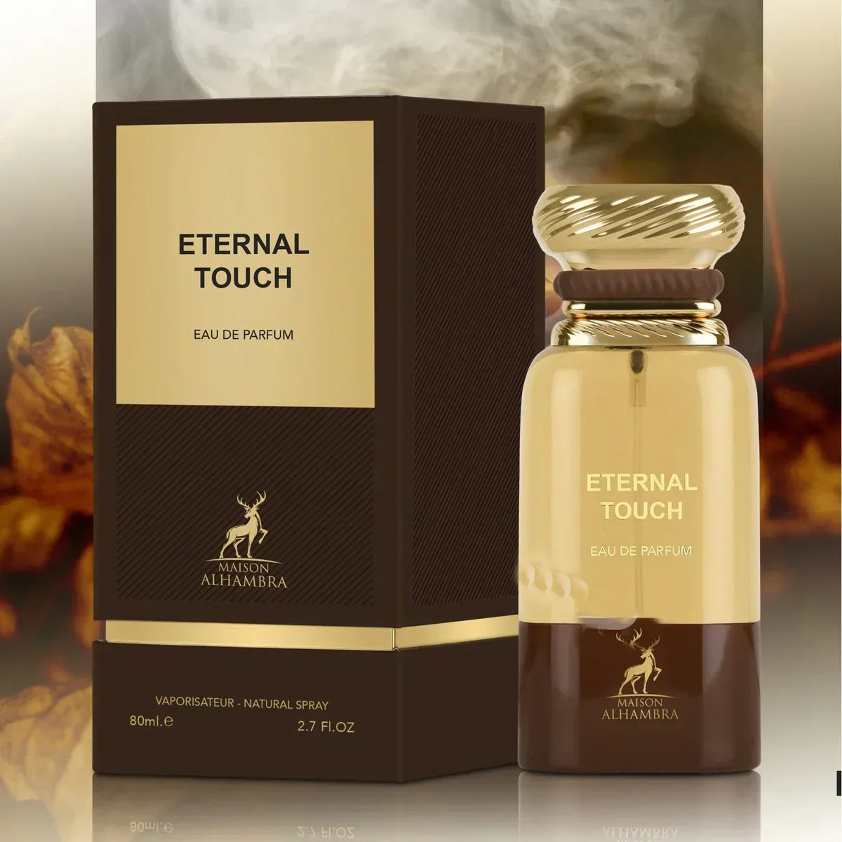 Eternal Touch Eau de Parfum bottle and box by Maison Alhambra, gold and brown packaging.