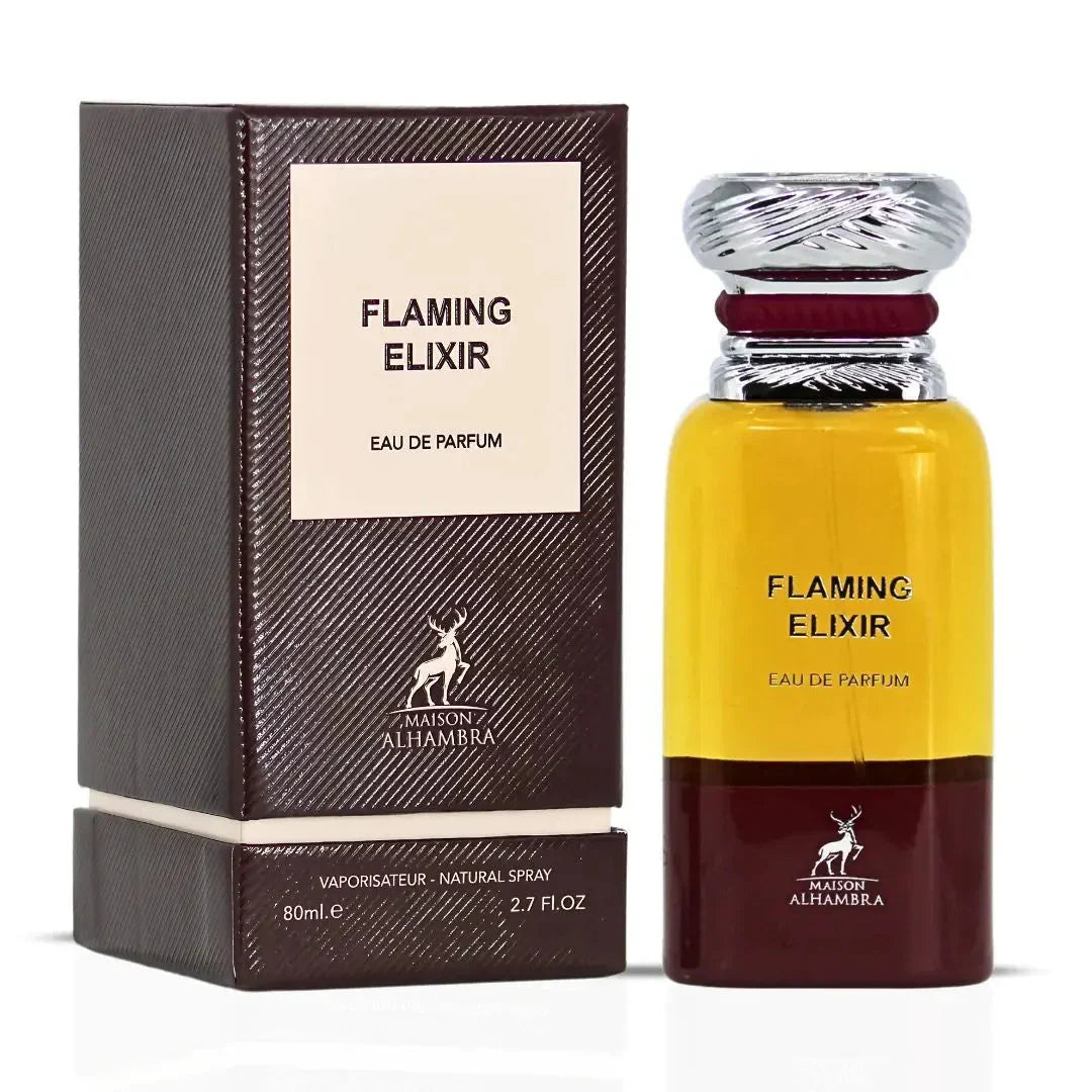 Maison Alhambra Flaming Elixir eau de parfum bottle and box, 80ml, Arabian fragrance