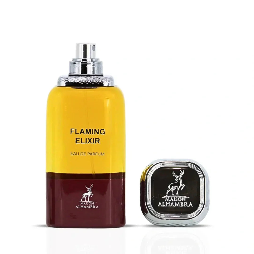 Maison Alhambra Flaming Elixir Eau de Parfum bottle with cap, yellow and brown design
