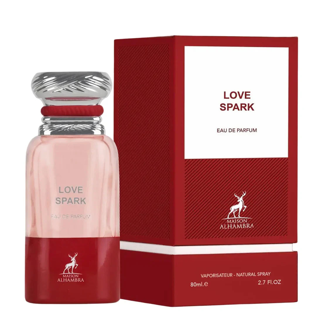 Maison Alhambra Love Spark Eau de Parfum bottle and box, 80ml, red and white packaging