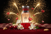 Love Spark eau de parfum bottle with cherries, jasmine flowers, ginger, and fireworks in background
