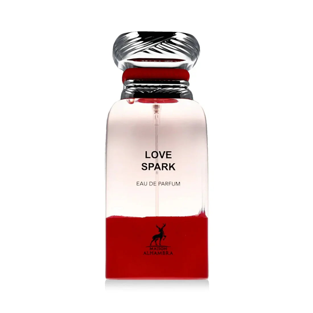 Maison Alhambra Love Spark eau de parfum bottle, clear glass with red base and silver cap
