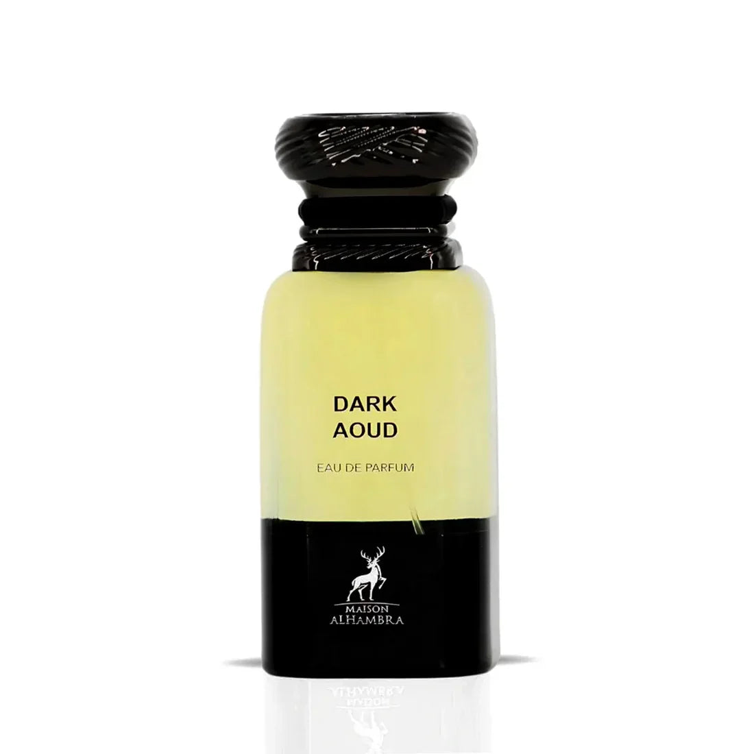 Maison Alhambra Dark Aoud eau de parfum bottle with black cap and yellow body