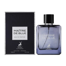 Maison Alhambra Maître De Blue Eau de Parfum bottle and box in blue and black.