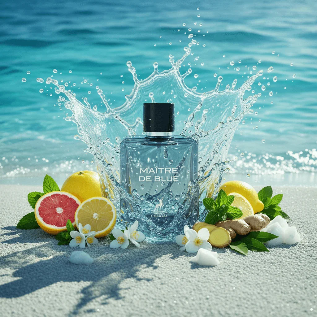 Maître De Blue perfume bottle on beach with citrus fruits, ginger, and ocean splash