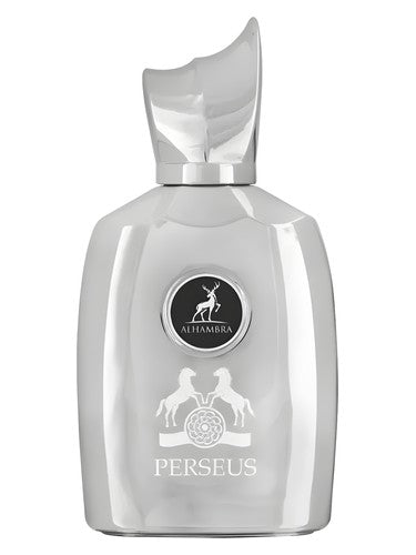 Silver Alhambra Perseus perfume bottle with horse logo and luxury Arabian oud fragrance design