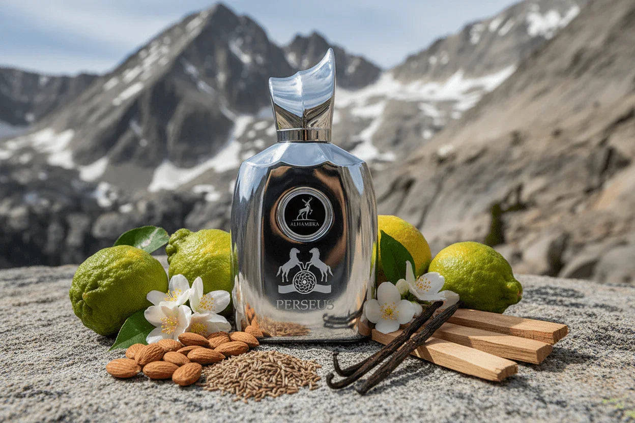 Silver Alhambra Perseus perfume bottle with bergamot, almonds, vanilla, jasmine, spices and woody notes displayed outdoors in a mountain setting.