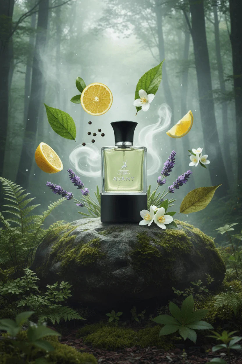 Elegant perfume bottle surrounded by citrus slices, lavender, flowers, and leaves in a lush forest setting.
