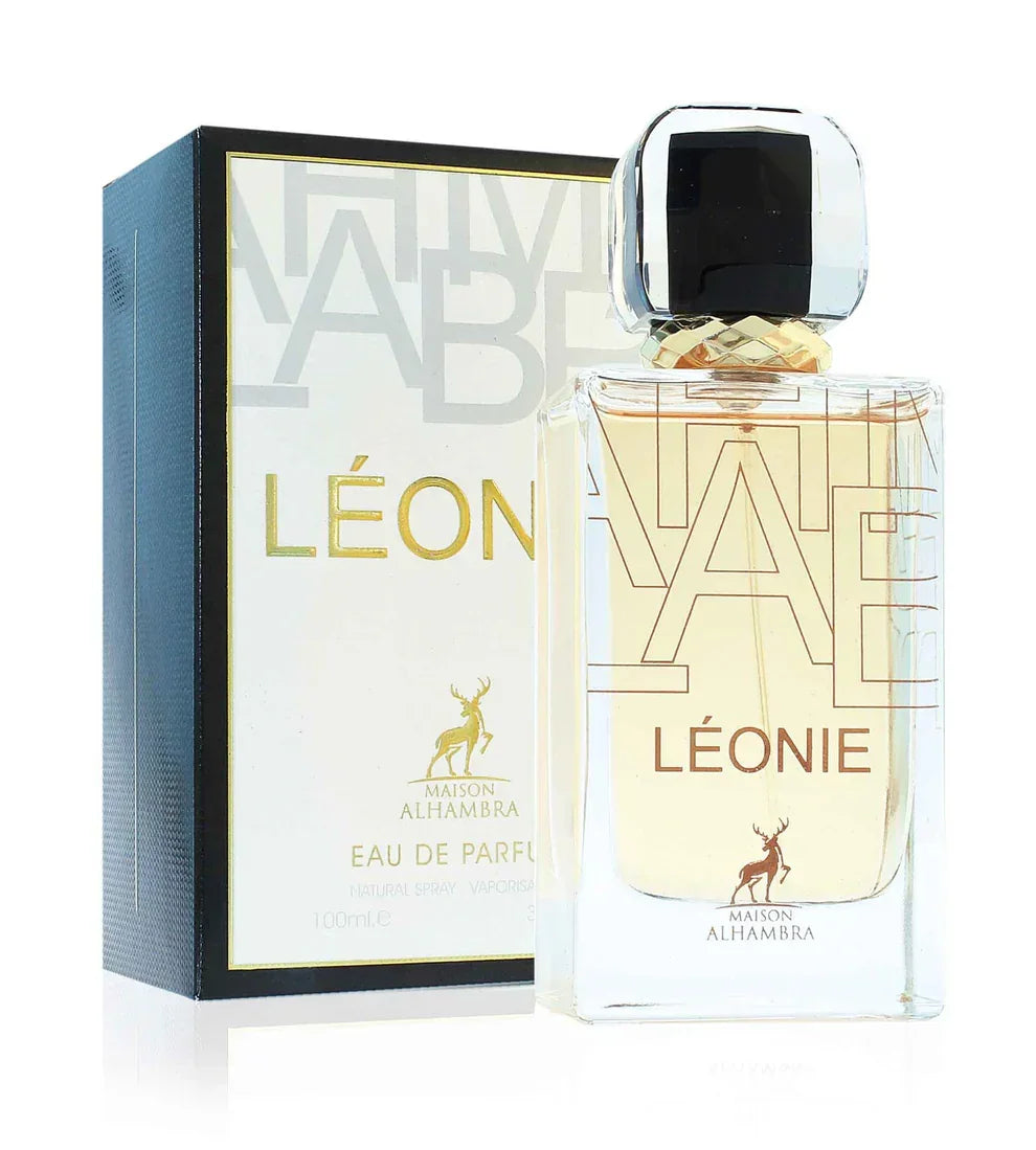 Maison Alhambra Léonie perfume bottle and box, elegant fragrance packaging, 100ml Eau de Parfum.