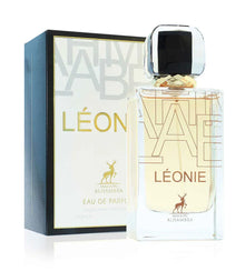 Maison Alhambra Léonie perfume bottle and box, elegant fragrance packaging, 100ml Eau de Parfum.