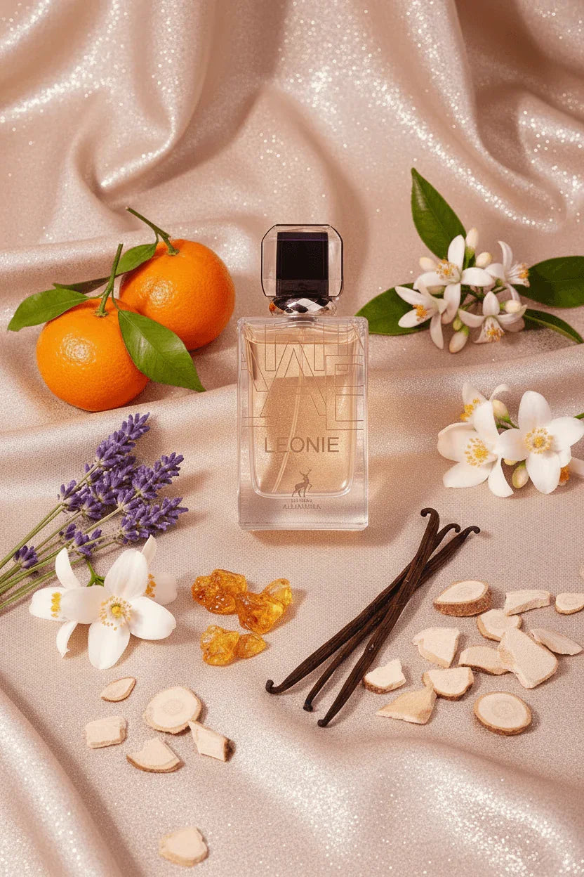 Leonie perfume bottle surrounded by oranges, vanilla, amber, wood, white blossoms, and lavender on a shimmering fabric background.