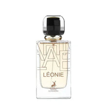 Clear glass bottle of LÉONIE Arabian oud perfume with gold and black geometric cap