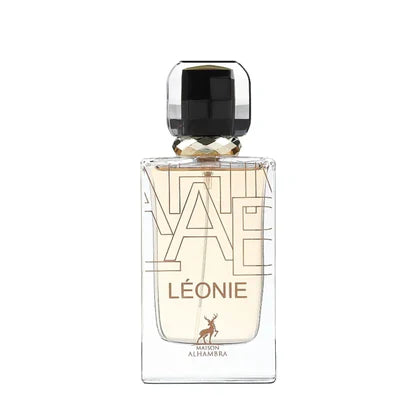 Clear glass bottle of LÉONIE Arabian oud perfume with gold and black geometric cap