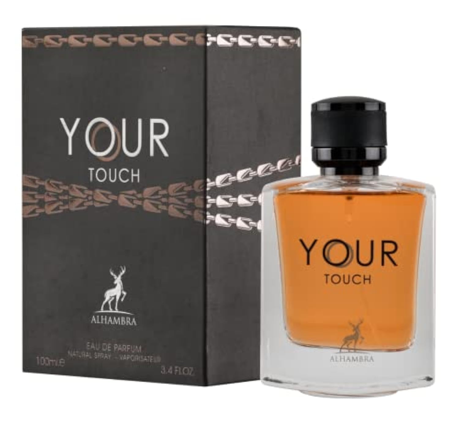 Alhambra Your Touch eau de parfum bottle and box with amber fragrance for men
