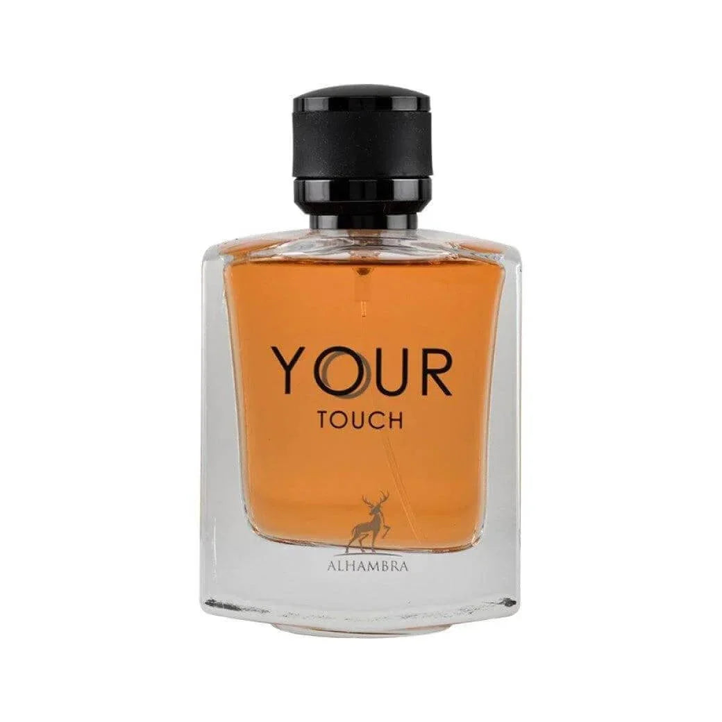 Clear glass bottle of Alhambra Your Touch perfume with amber liquid and black cap